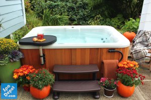 Hot tub decorated for fall