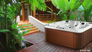 hot tub on deck with tropical plants