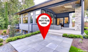 house with arrow pointing to where hot tub to be placed